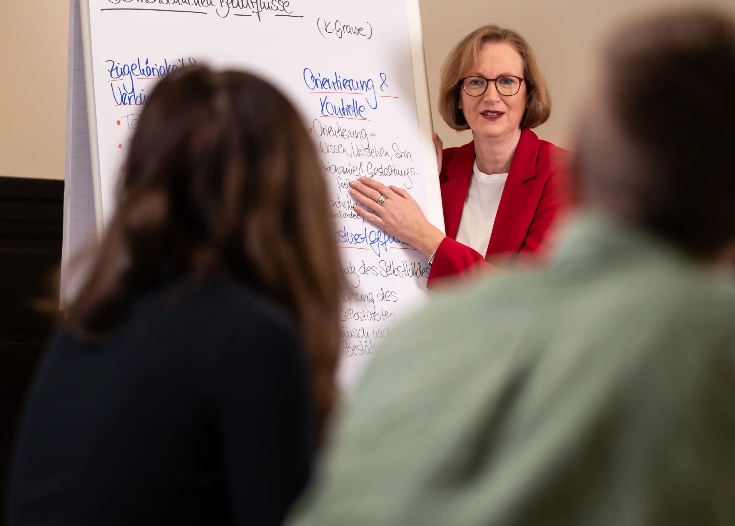 Beraterin erklärt Coaching-Inhalte am Flipchart in einem Workshop bei OMC Berlin
