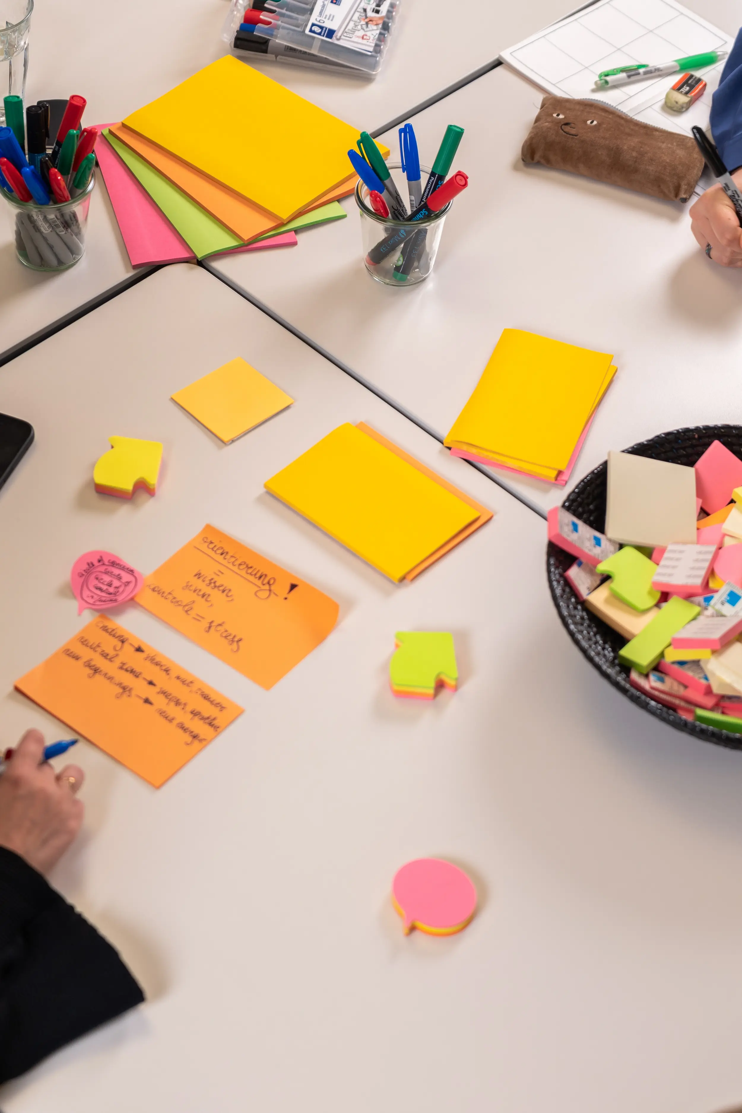 Kreative Workshop-Materialien und Klebezettel aus der Vogelperspektive bei OMC Berlin