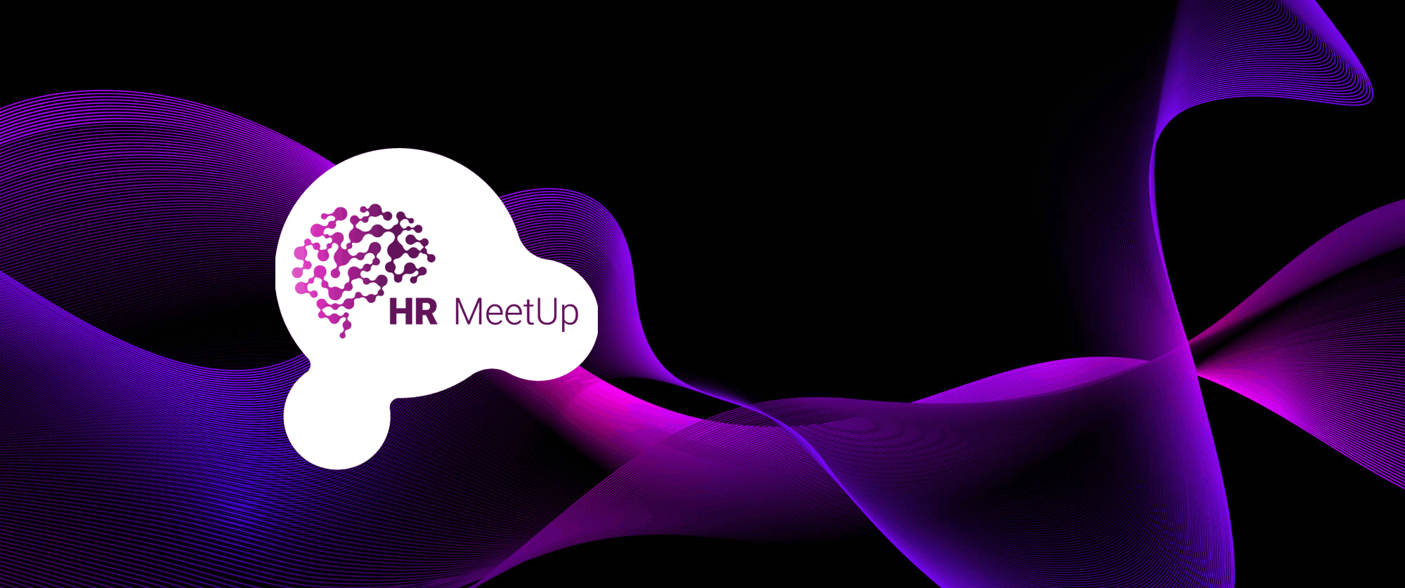 Weißes Logo mit einem stilisierten Gehirn und dem Schriftzug „HR MeetUp“ auf schwarzem Hintergrund mit fließenden, abstrakten Wellen in Lila und Rosa.